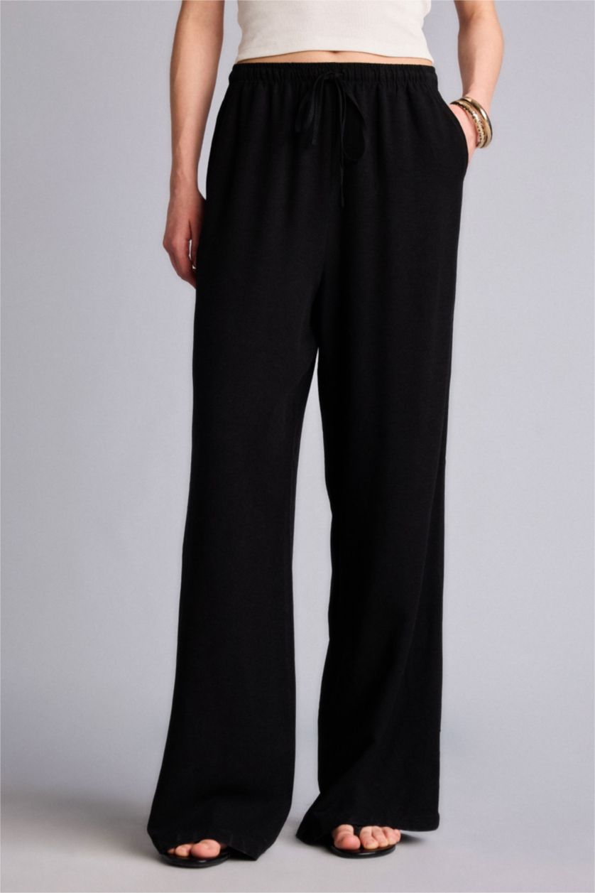 WOMAN Black Wide Leg With Pockets Linen Blended Trousers