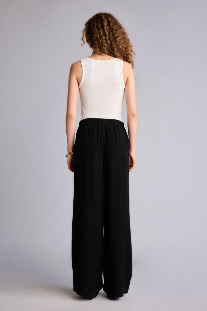 WOMAN Black Wide Leg With Pockets Linen Blended Trousers
