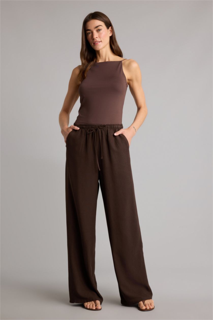 Kadın Açık Kahve Wıde Leg Cepli Yüksek Bel Standart Boy Keten Karışımlı Pantolon