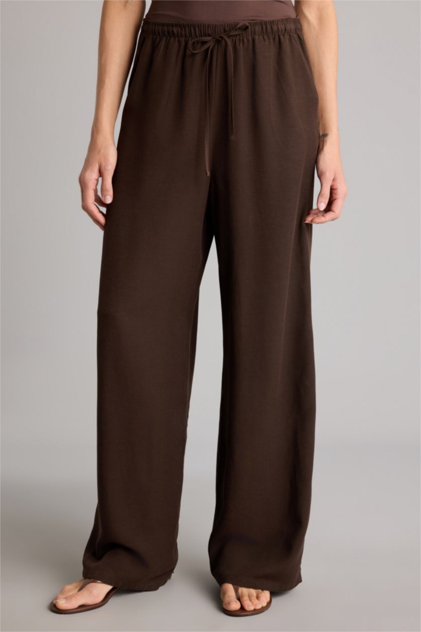 Kadın Açık Kahve Wıde Leg Cepli Yüksek Bel Standart Boy Keten Karışımlı Pantolon