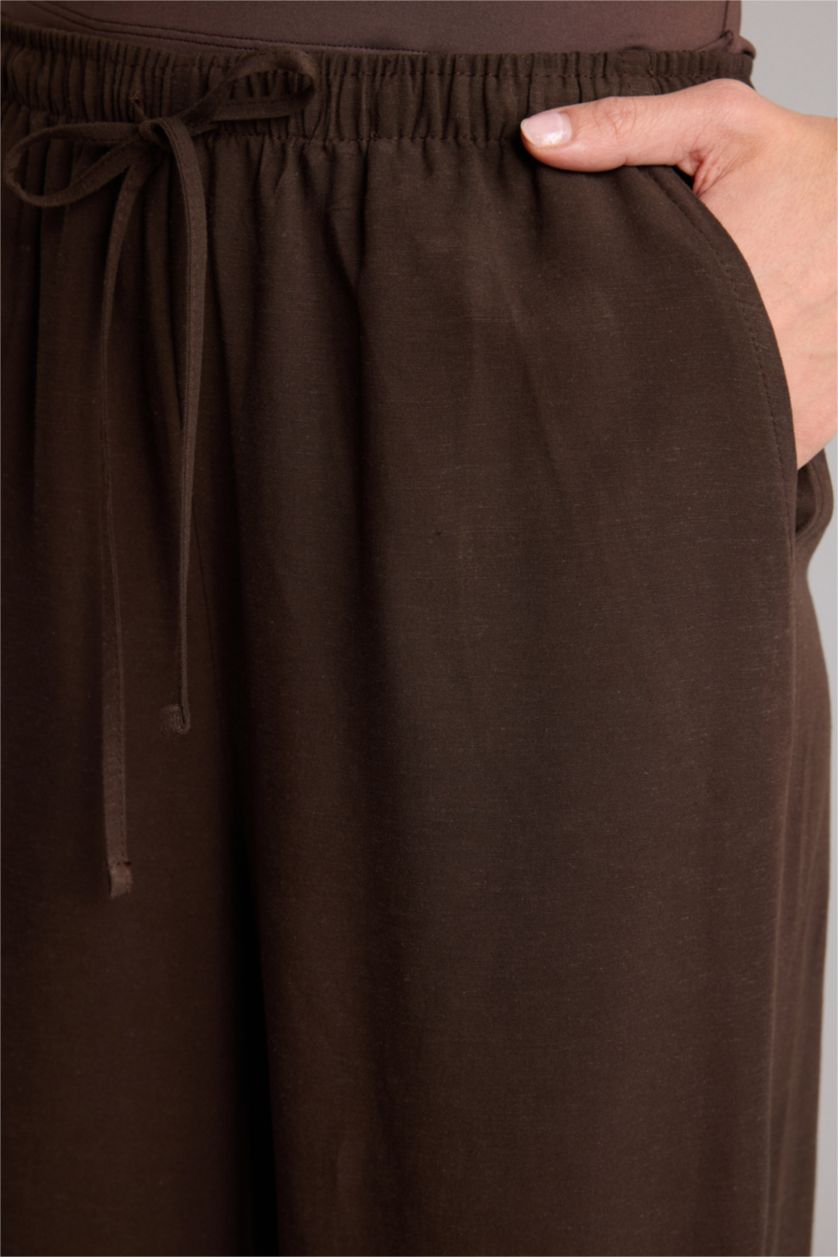 Kadın Açık Kahve Wıde Leg Cepli Yüksek Bel Standart Boy Keten Karışımlı Pantolon