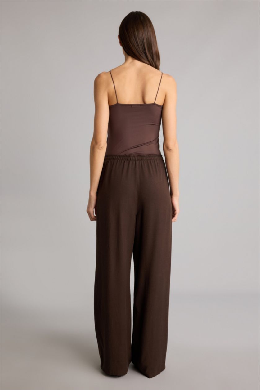 Kadın Açık Kahve Wıde Leg Cepli Yüksek Bel Standart Boy Keten Karışımlı Pantolon