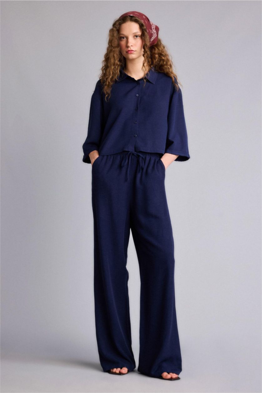 Kadın Lacivert Wıde Leg Cepli Yüksek Bel Standart Boy Keten Karışımlı Pantolon