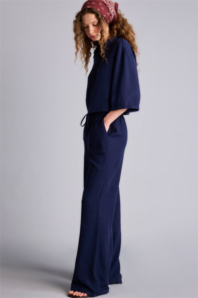 Kadın Lacivert Wıde Leg Cepli Yüksek Bel Standart Boy Keten Karışımlı Pantolon