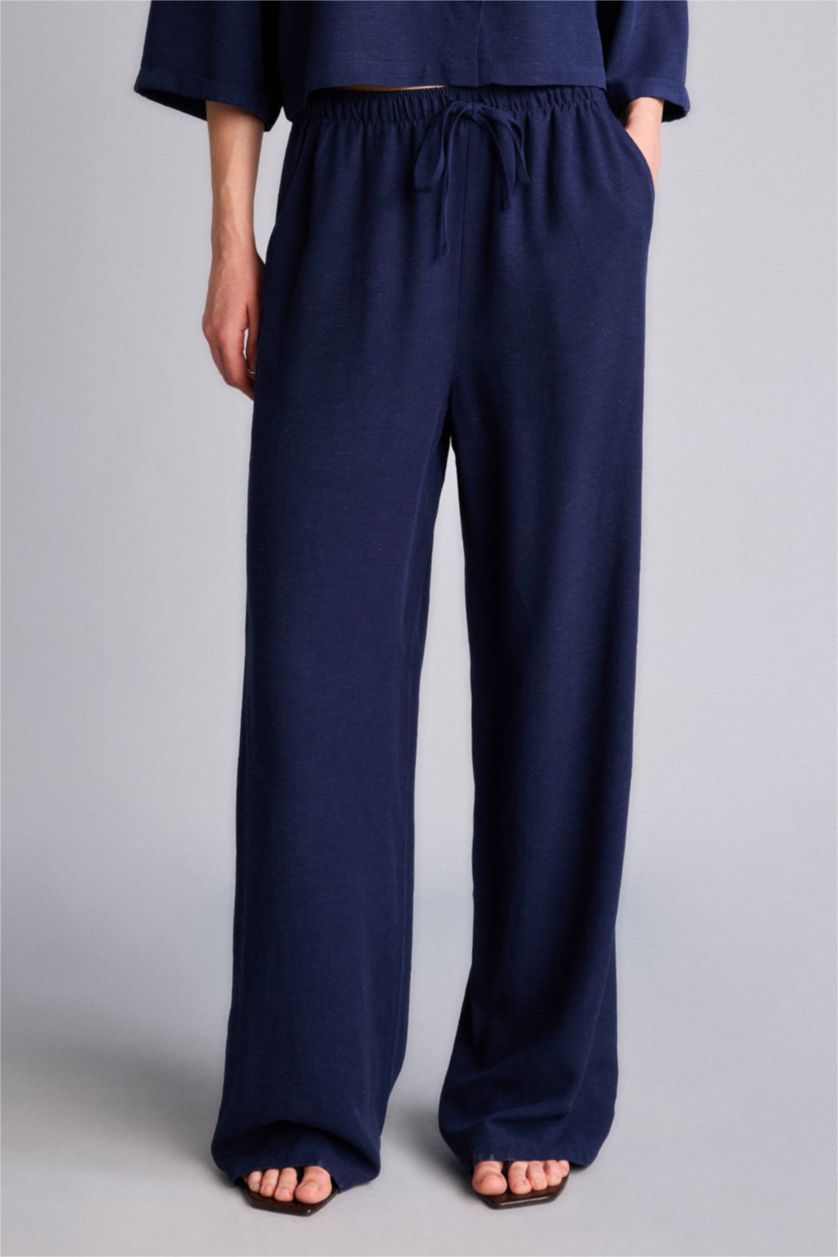 Kadın Lacivert Wıde Leg Cepli Yüksek Bel Standart Boy Keten Karışımlı Pantolon