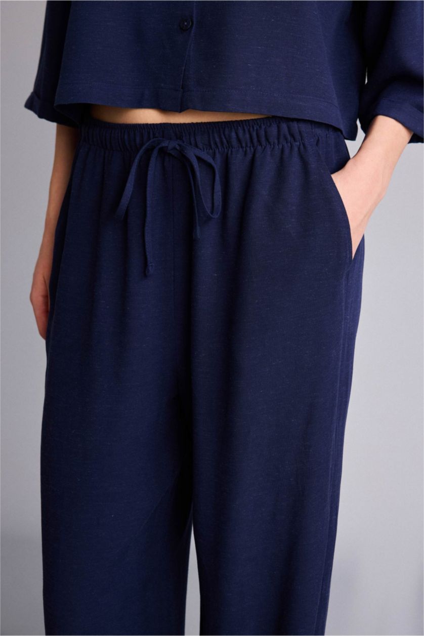 Kadın Lacivert Wıde Leg Cepli Yüksek Bel Standart Boy Keten Karışımlı Pantolon