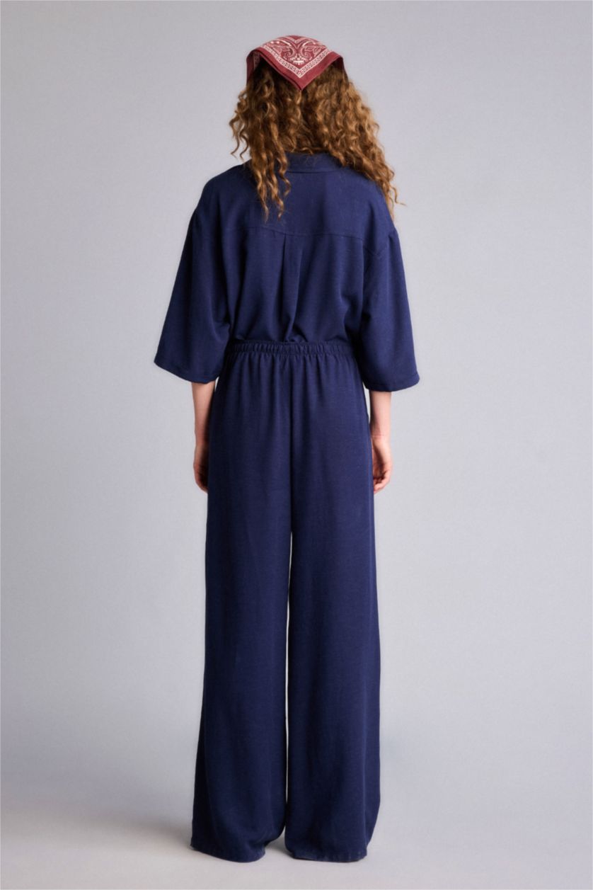 Kadın Lacivert Wıde Leg Cepli Yüksek Bel Standart Boy Keten Karışımlı Pantolon