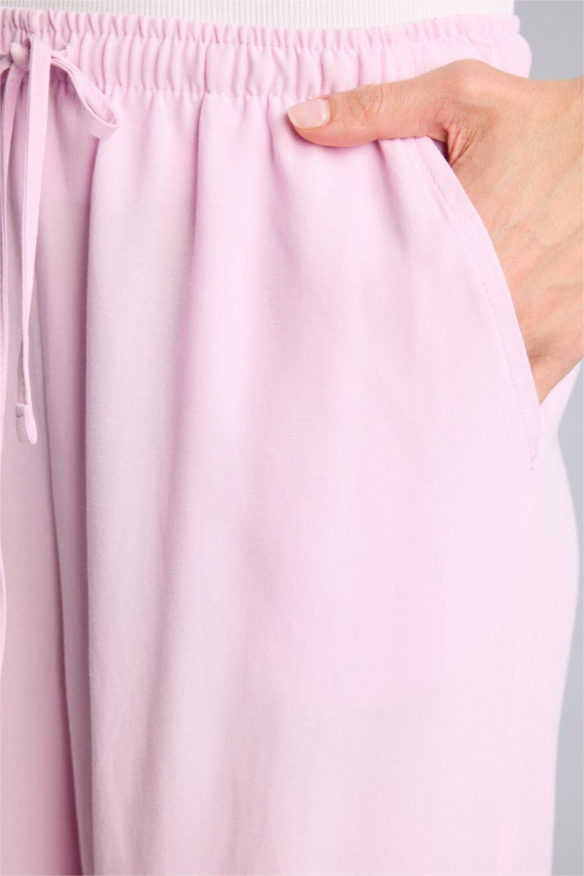 Kadın Açık Pembe Wıde Leg Yüksek Bel Keten Karışımlı Pantolon