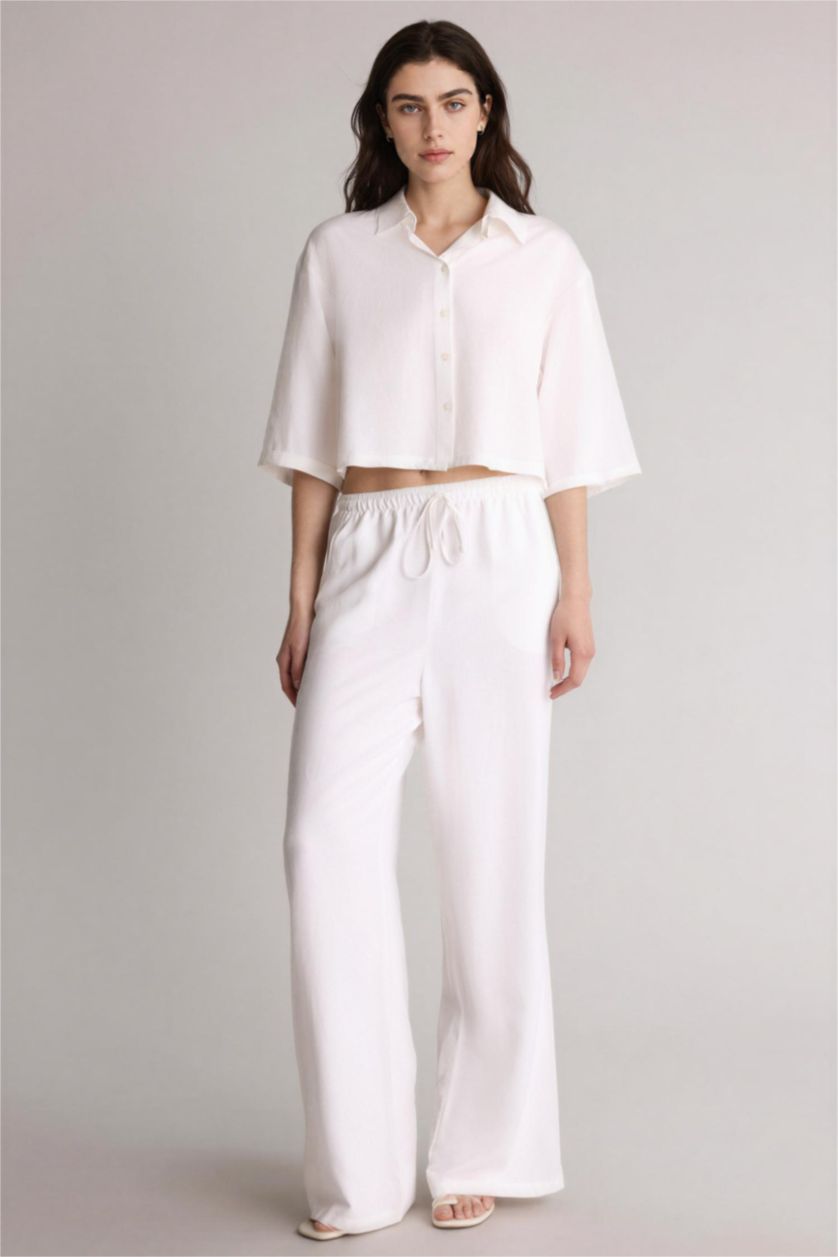 WOMAN White High Waist Linen Blend Wide Leg Trousers
