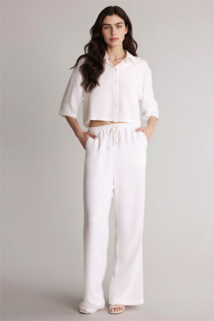 WOMAN White High Waist Linen Blend Wide Leg Trousers