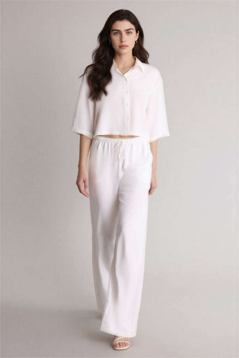 WOMAN White High Waist Linen Blend Wide Leg Trousers