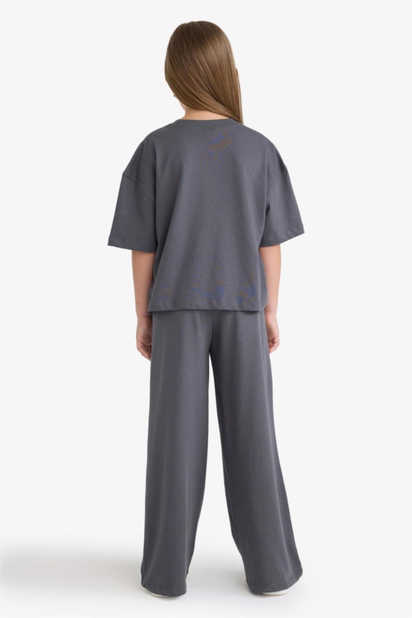Kız Çocuk - Genç Kız Antrasit 2'li Takım Kısa Kollu Baskılı Tişört Eşofman Altı Kız Çocuk
