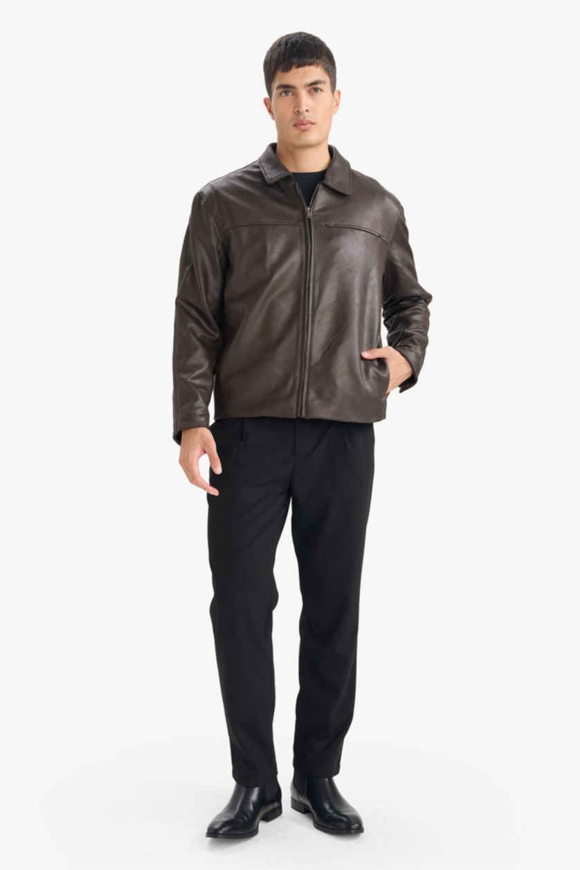 رجالي بني جاكيت جلد صناعي قصة عادية بياقة بولو وجيب من الداخل