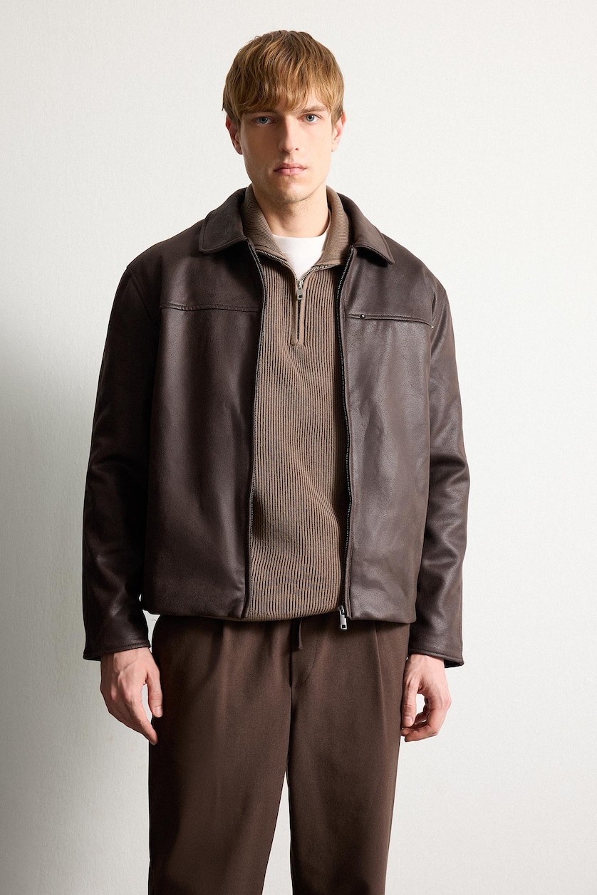 Men Brown Regular Fit Shirt Collar Jacket