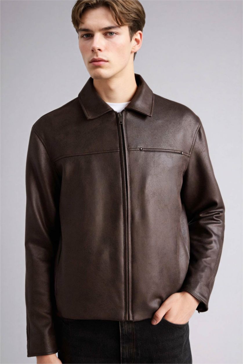 Erkek Kahve Regular Fıt Gömlek Yaka Mont