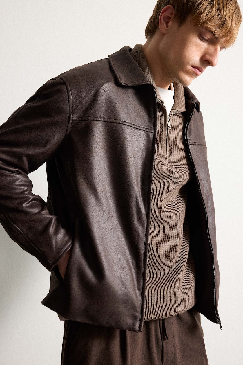 Men Brown Regular Fit Shirt Collar Jacket
