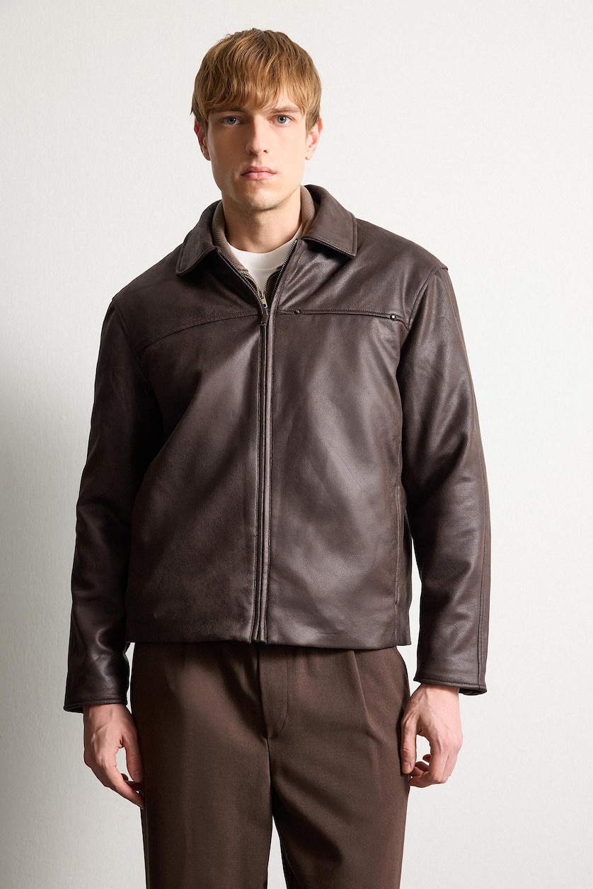 Men Brown Regular Fit Shirt Collar Jacket
