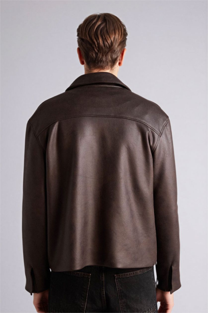 Erkek Kahve Regular Fıt Gömlek Yaka Mont