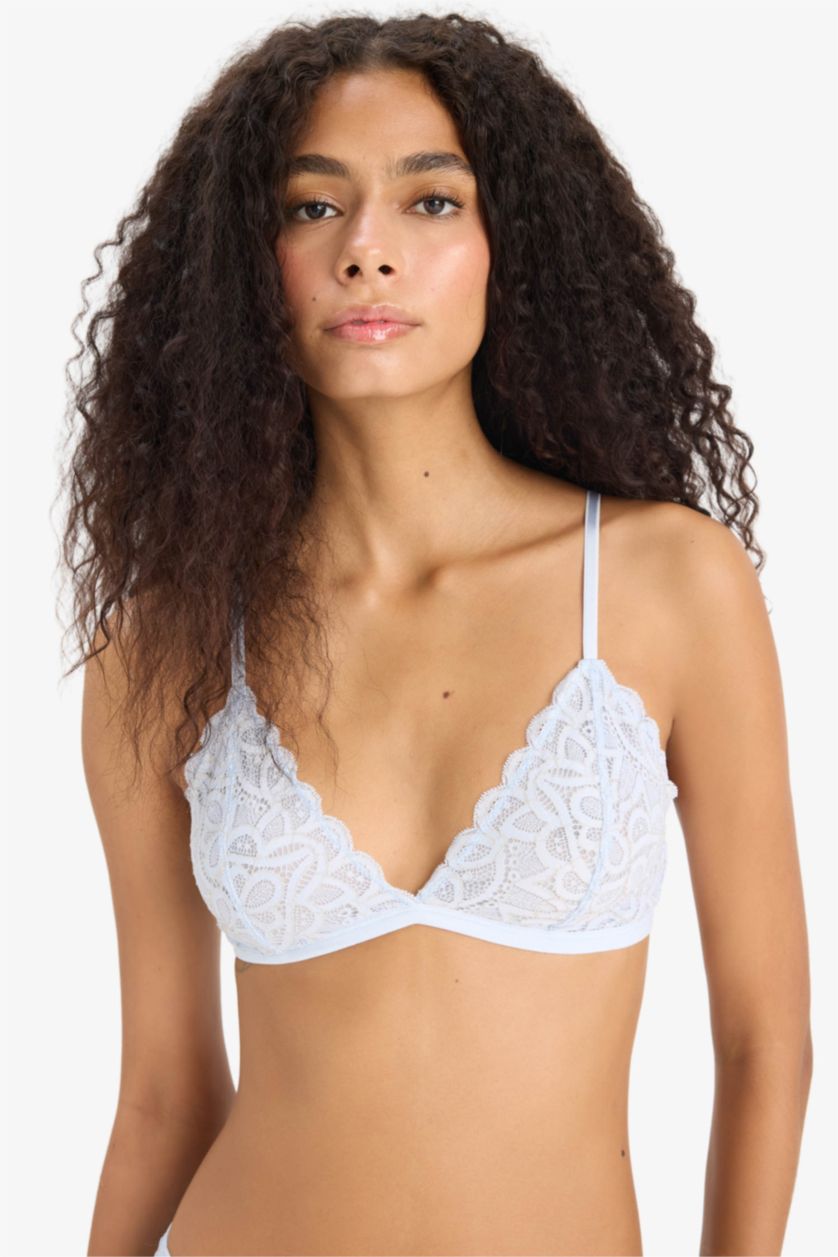 Kadın Açık Mavi Dantelli Simli Dantel Kapsız Pedsiz Balensiz Triangle Bra-Fall in Love