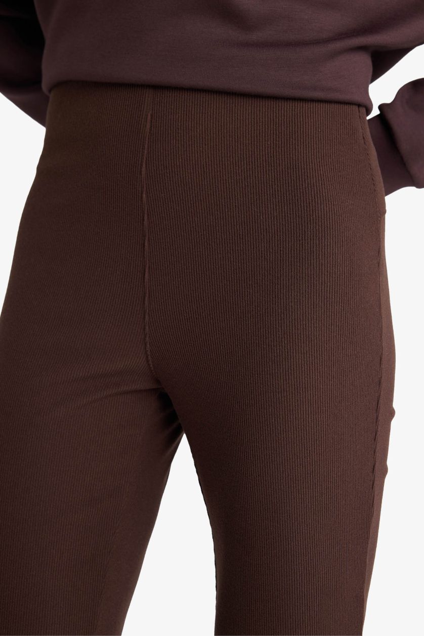 Kadın Kahve Flare Fit Toparlayıcı Yüksek Bel İspanyol Paça Standart Boy Ribana Sporcu Pantolon