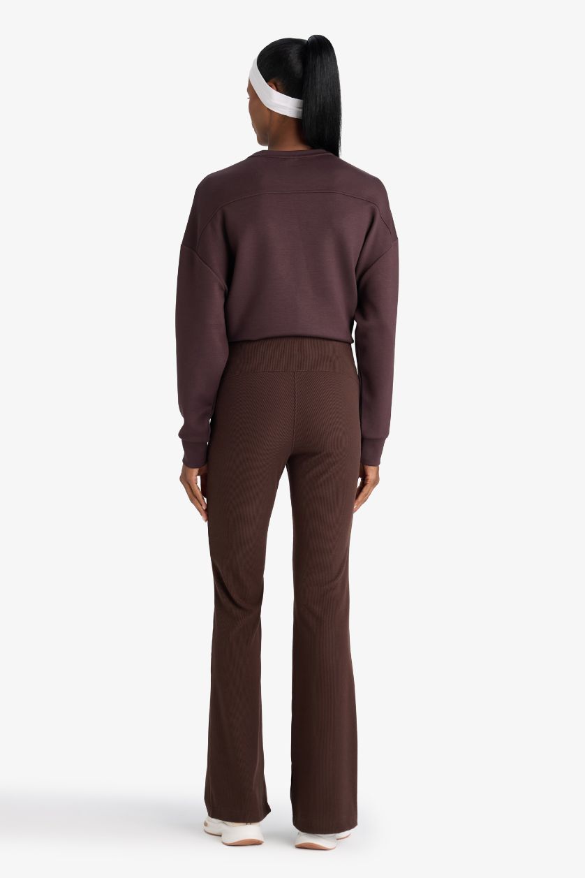 Kadın Kahve Flare Fit Toparlayıcı Yüksek Bel İspanyol Paça Standart Boy Ribana Sporcu Pantolon