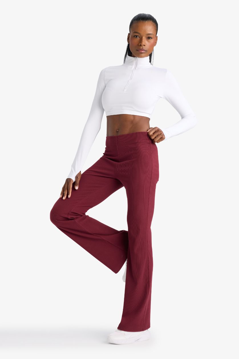 Kadın Bordo Flare Fit Toparlayıcı Yüksek Bel İspanyol Paça Standart Boy Ribana Sporcu Pantolon