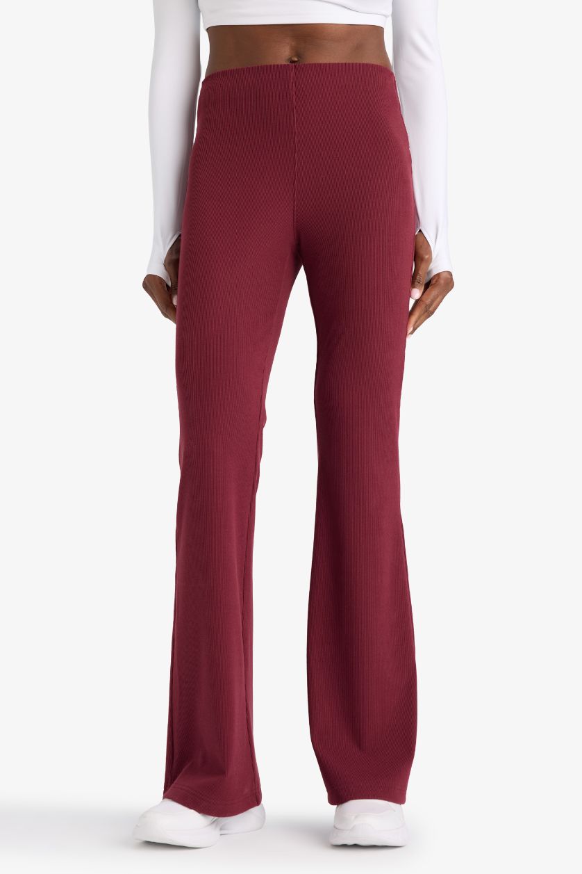 Kadın Bordo Flare Fit Toparlayıcı Yüksek Bel İspanyol Paça Standart Boy Ribana Sporcu Pantolon