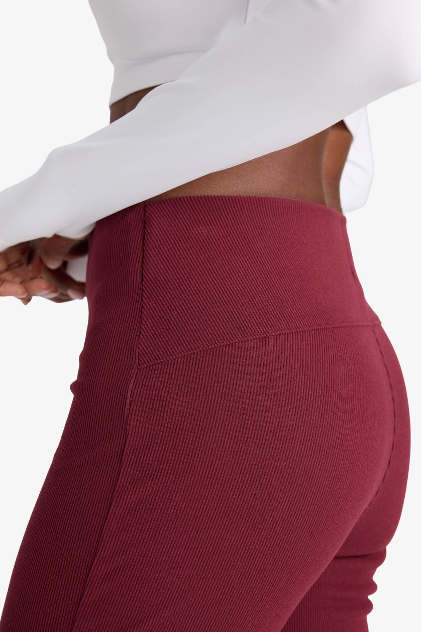 Kadın Bordo Flare Fit Toparlayıcı Yüksek Bel İspanyol Paça Standart Boy Ribana Sporcu Pantolon