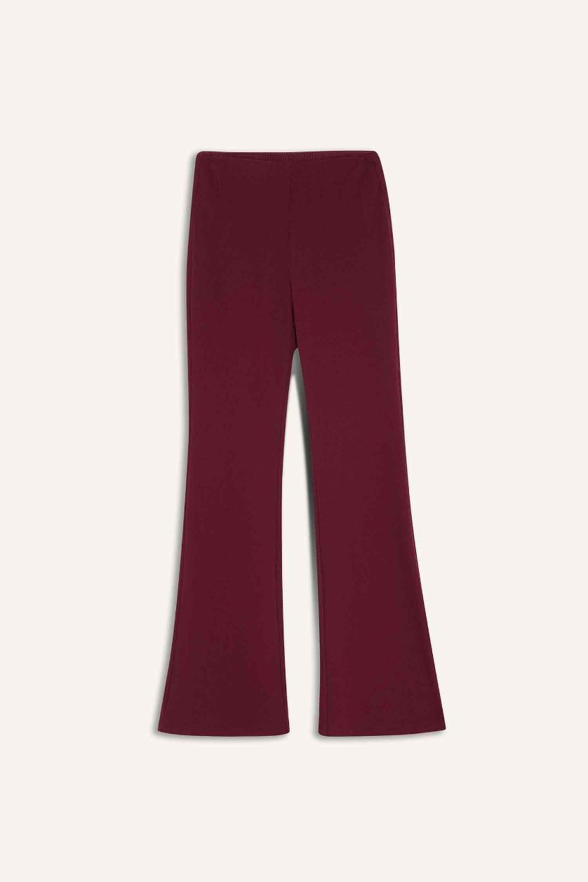 Kadın Bordo Flare Fit Toparlayıcı Yüksek Bel İspanyol Paça Standart Boy Ribana Sporcu Pantolon