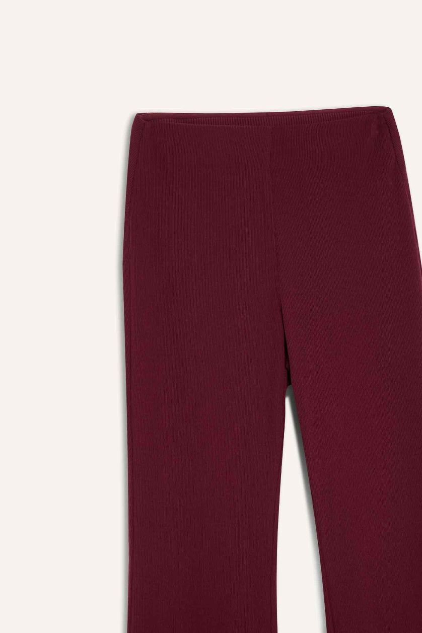 Kadın Bordo Flare Fit Toparlayıcı Yüksek Bel İspanyol Paça Standart Boy Ribana Sporcu Pantolon