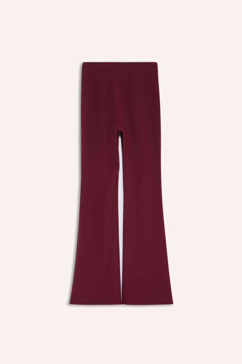 Kadın Bordo Flare Fit Toparlayıcı Yüksek Bel İspanyol Paça Standart Boy Ribana Sporcu Pantolon