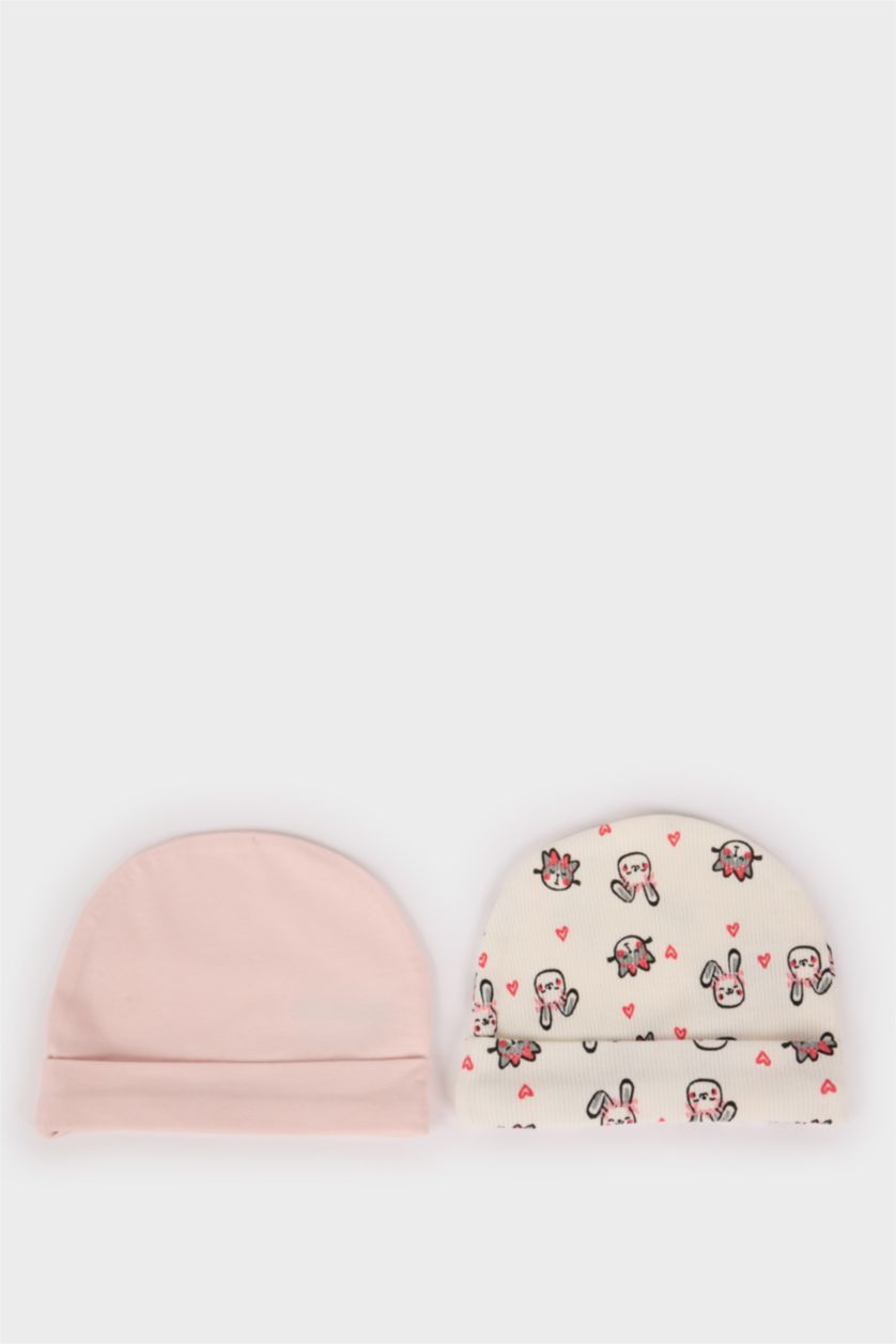 Kız Bebek Açık Pembe Kız Bebek Yenidoğan Desenli 2'li Pamuklu Bere