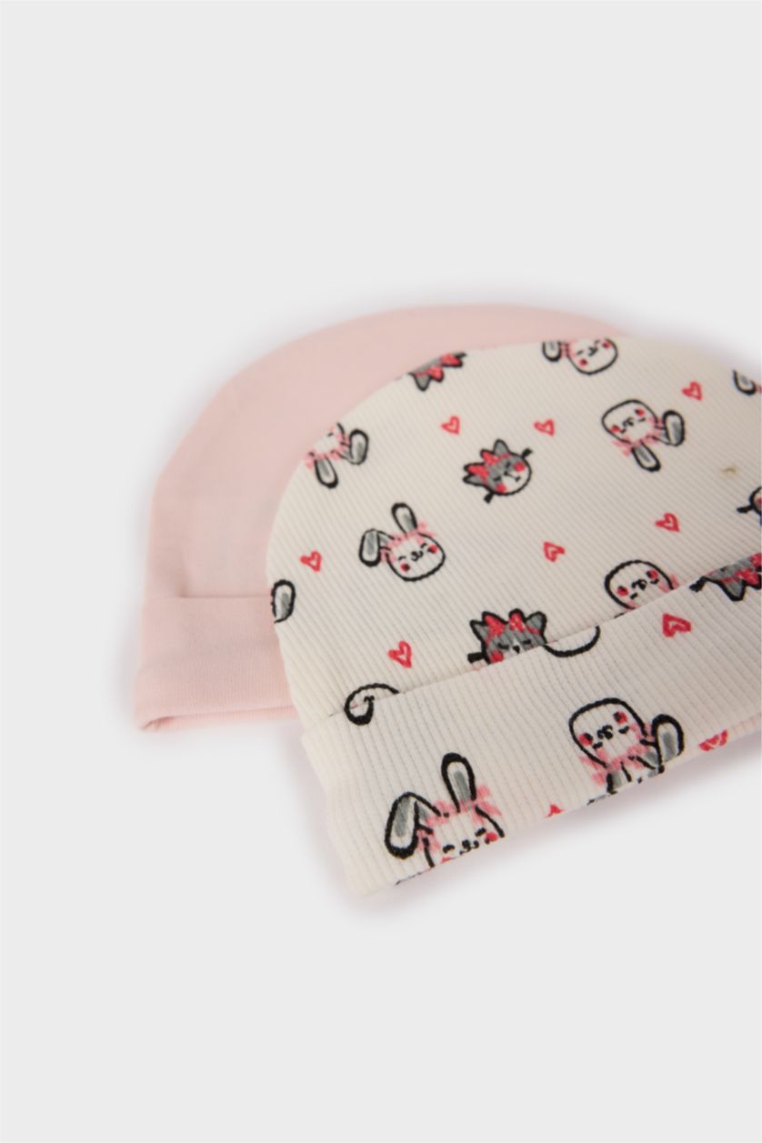 Kız Bebek Açık Pembe Kız Bebek Yenidoğan Desenli 2'li Pamuklu Bere