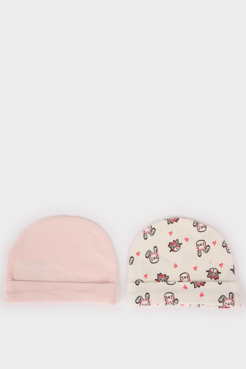 Kız Bebek Açık Pembe Kız Bebek Yenidoğan Desenli 2'li Pamuklu Bere