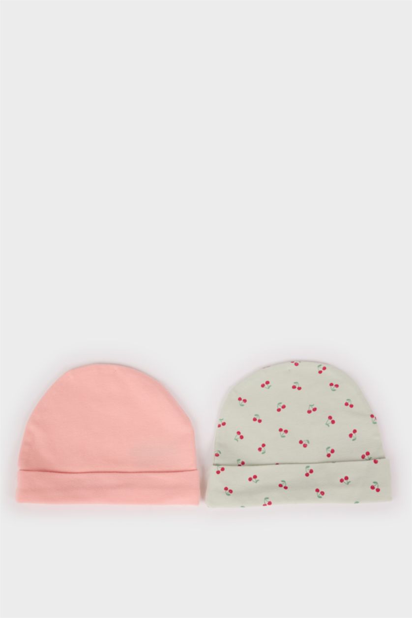 Kız Bebek Deniz Mavisi Kız Bebek Yenidoğan Desenli 2'li Pamuklu Bere