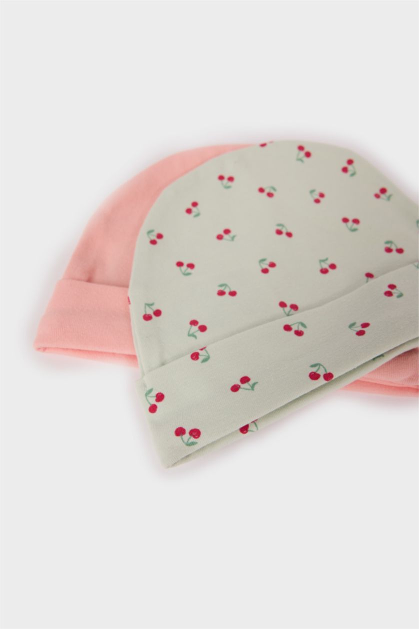 Kız Bebek Deniz Mavisi Kız Bebek Yenidoğan Desenli 2'li Pamuklu Bere