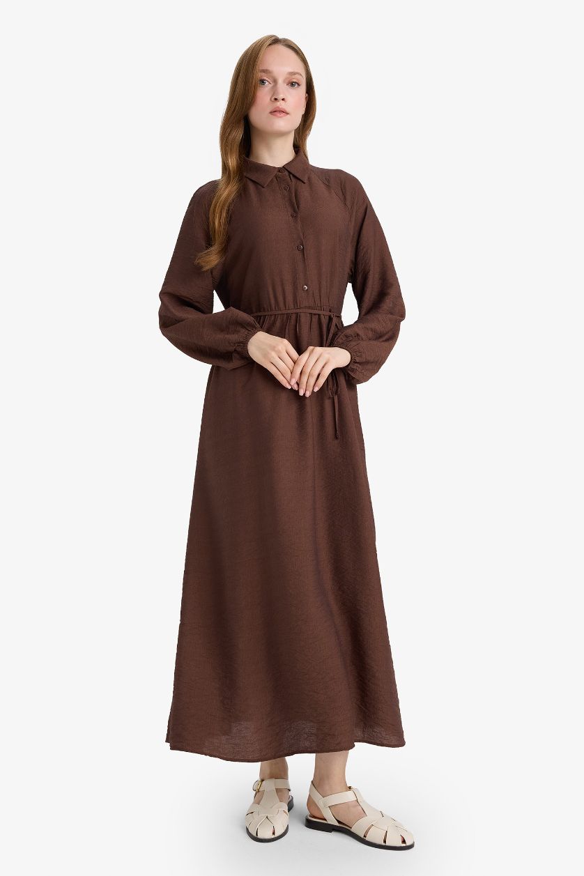 حريمي بني فستان طويل بكم طويل قصة مريحة