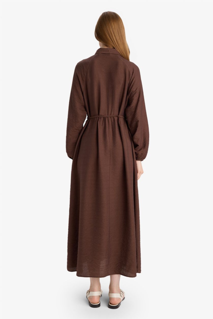 حريمي بني فستان طويل بكم طويل قصة مريحة