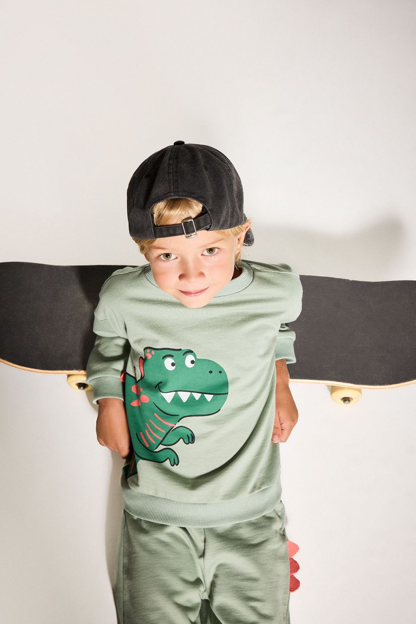 Erkek Bebek Açık Haki 2'li Takım 3D Dinozor Baskılı Sweatshirt Eşofman Altı Erkek Bebek