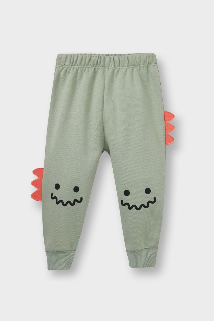 Erkek Bebek Açık Haki 2'li Takım 3D Dinozor Baskılı Sweatshirt Eşofman Altı Erkek Bebek