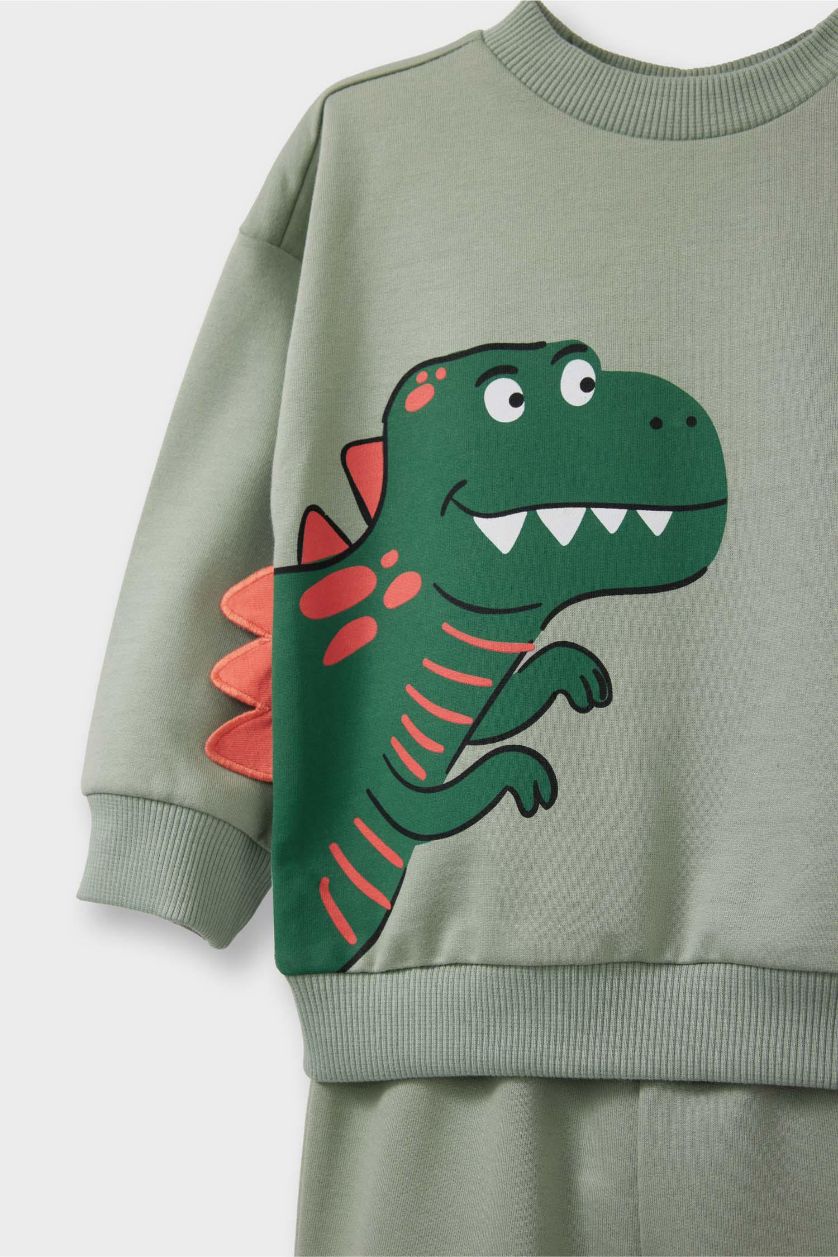 Erkek Bebek Açık Haki 2'li Takım 3D Dinozor Baskılı Sweatshirt Eşofman Altı Erkek Bebek