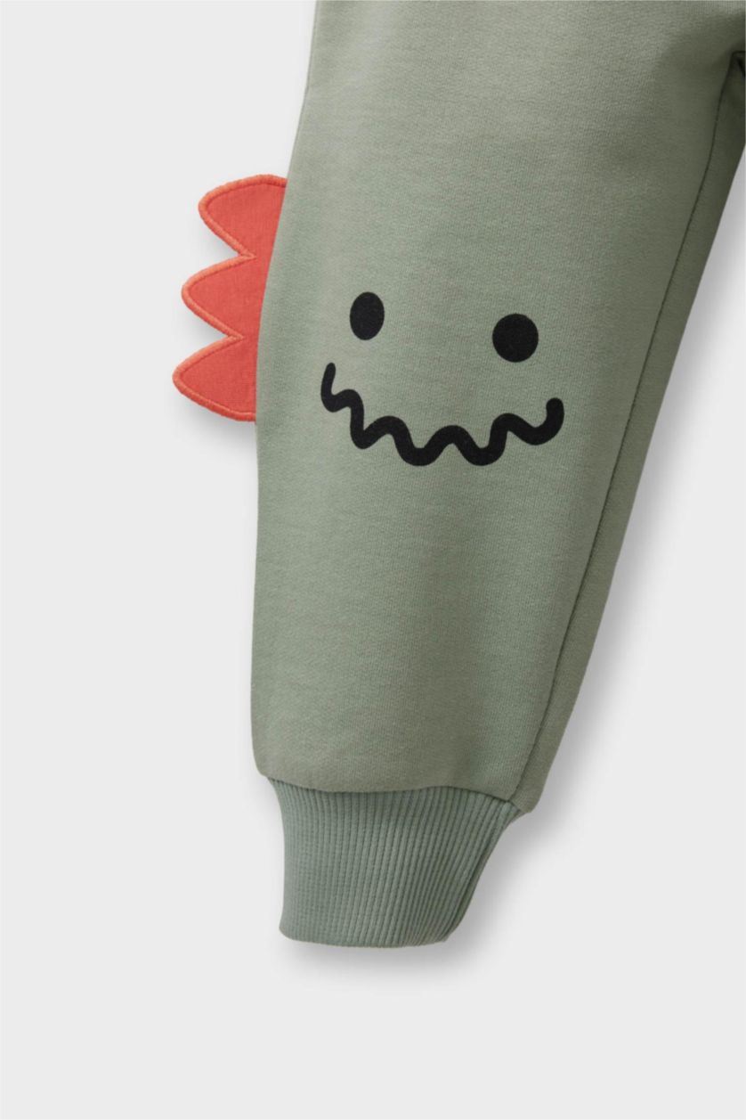 Erkek Bebek Açık Haki 2'li Takım 3D Dinozor Baskılı Sweatshirt Eşofman Altı Erkek Bebek