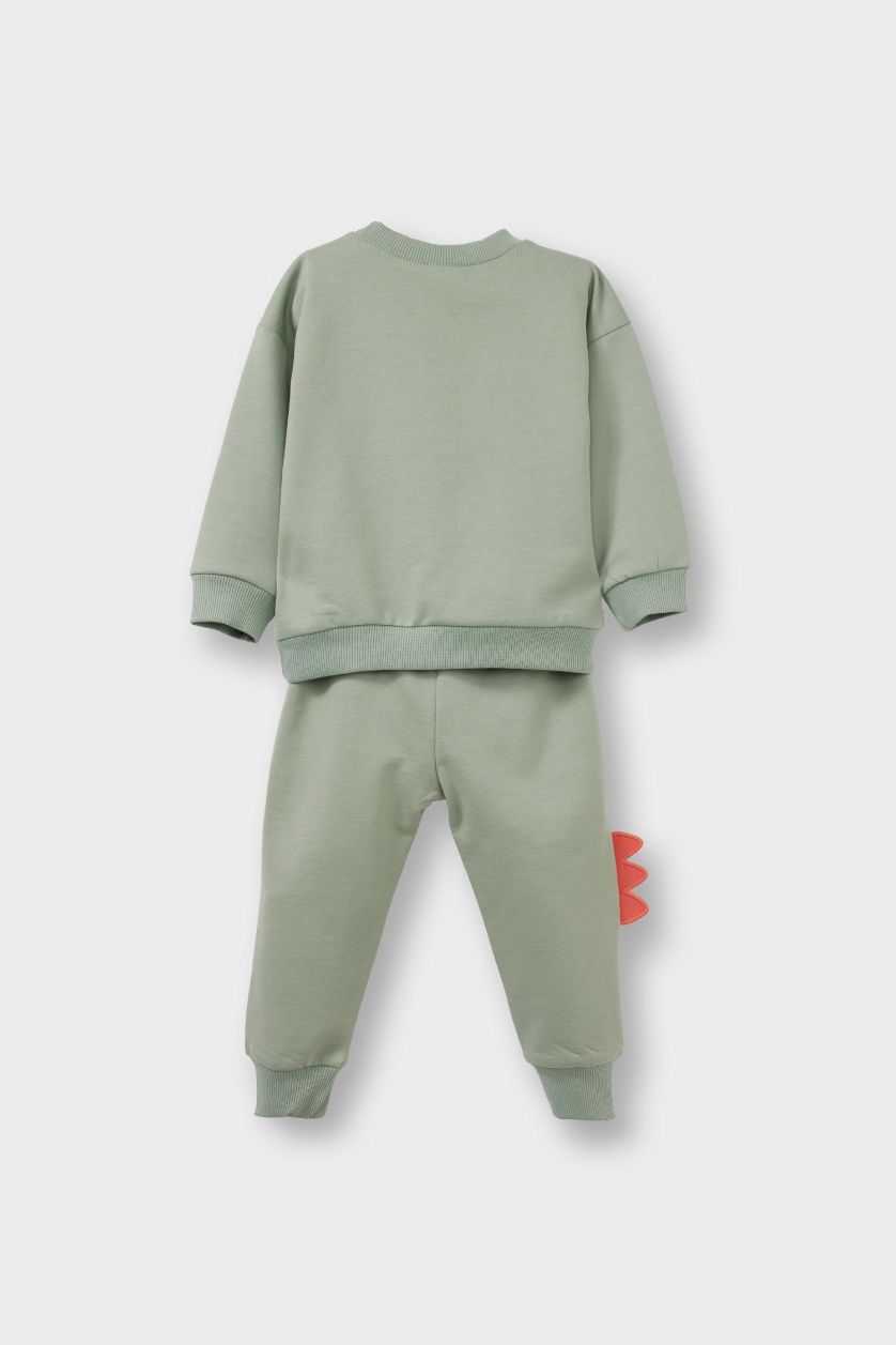 Erkek Bebek Açık Haki 2'li Takım 3D Dinozor Baskılı Sweatshirt Eşofman Altı Erkek Bebek