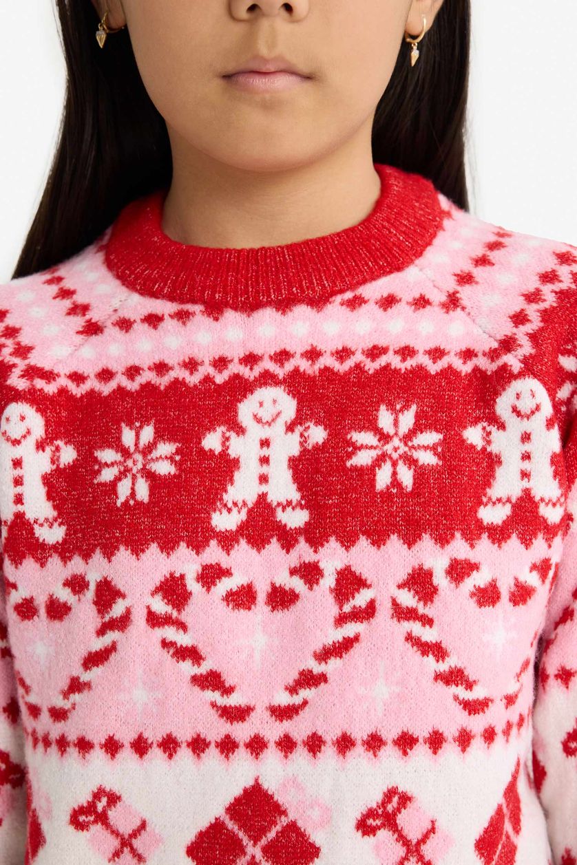 Девочки и подростки Бежевый Детский свитер с новогодней тематикой и круглым вырезом