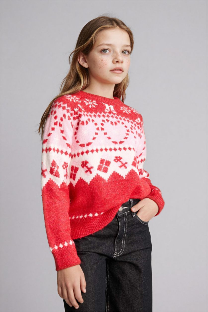 بناتي أحمر بلوفر بناتي تريكو قصة عادية برقبة مستديرة