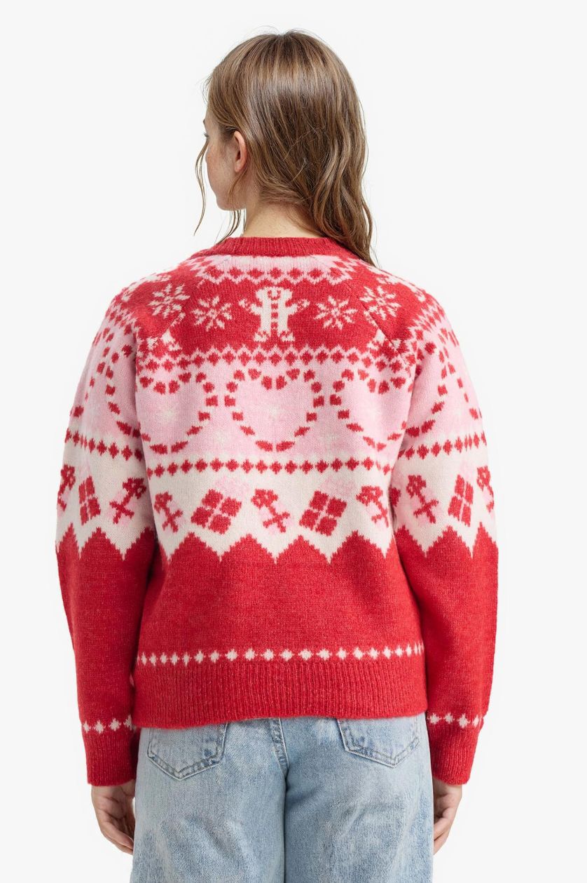 Kız Çocuk - Genç Kız Kırmızı Yılbaşı Temalı Bisiklet Yaka Triko Kazak Kız Çocuk