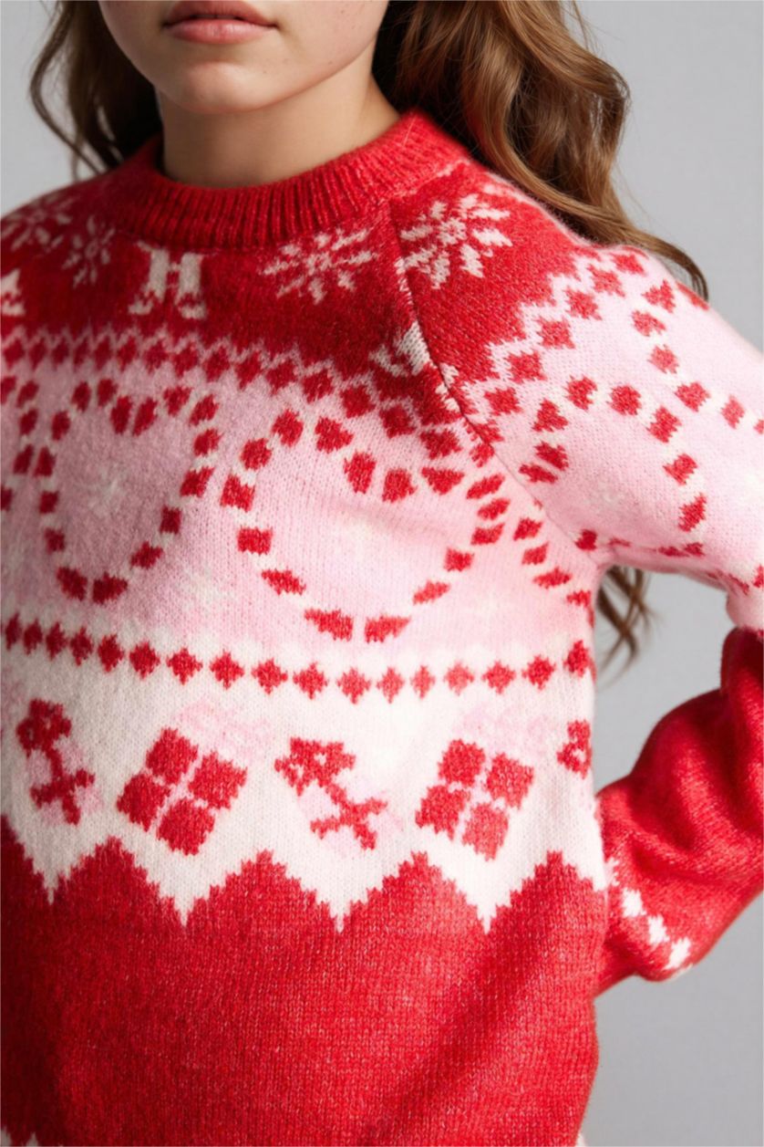 بناتي أحمر بلوفر بناتي تريكو قصة عادية برقبة مستديرة