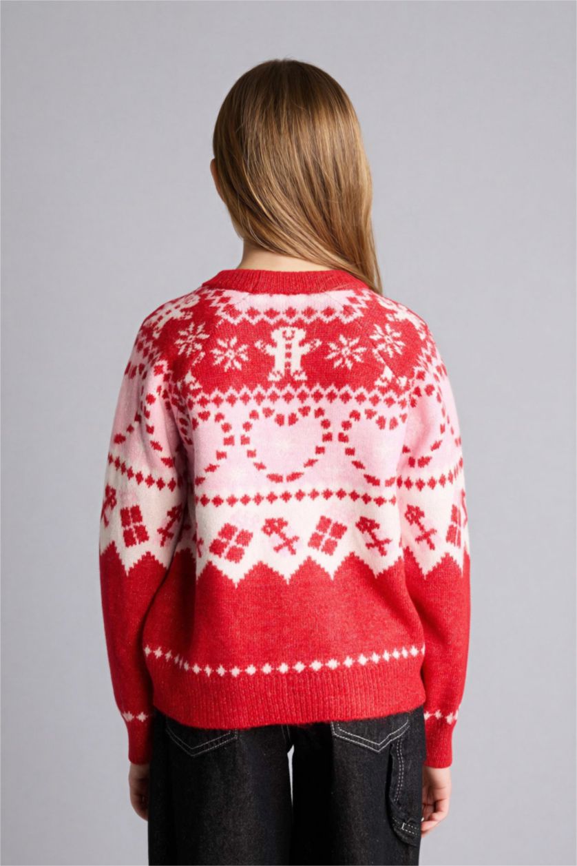 بناتي أحمر بلوفر بناتي تريكو قصة عادية برقبة مستديرة