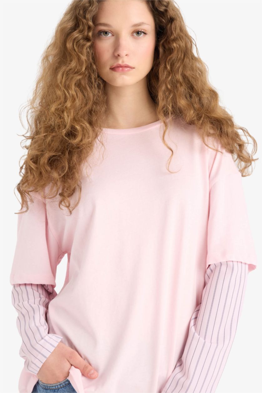 Kadın Pembe Oversize Geniş Kalıp Bisiklet Yaka Uzun Kol Detaylı Tişört