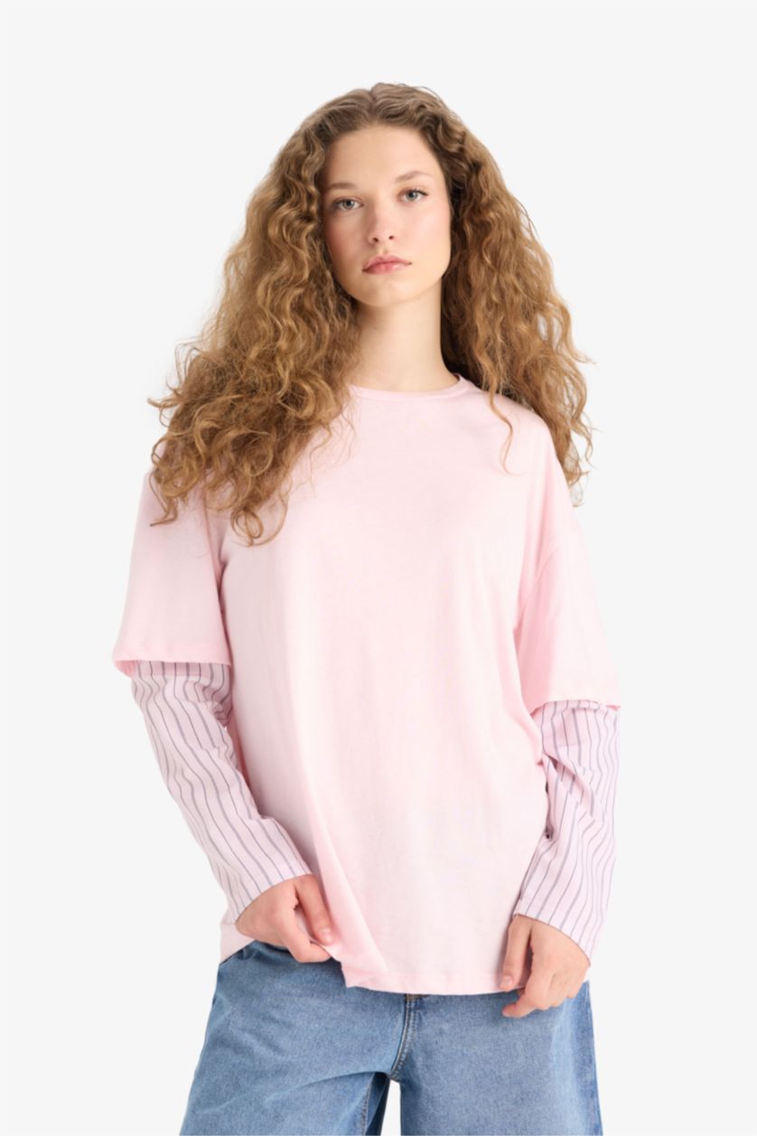 Kadın Pembe Oversize Geniş Kalıp Bisiklet Yaka Uzun Kol Detaylı Tişört